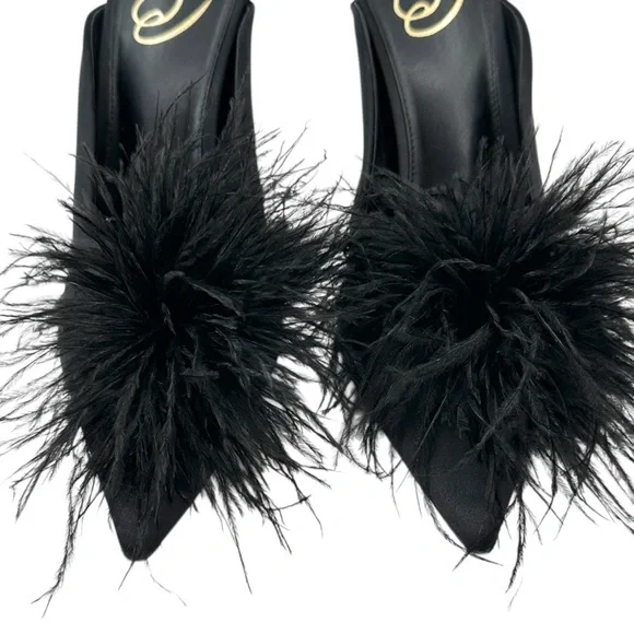 Sam Edelman Anthony Feather Mule Pump - Black Feather Appliqué Satin Mules Pumps - Picture 4 of 8